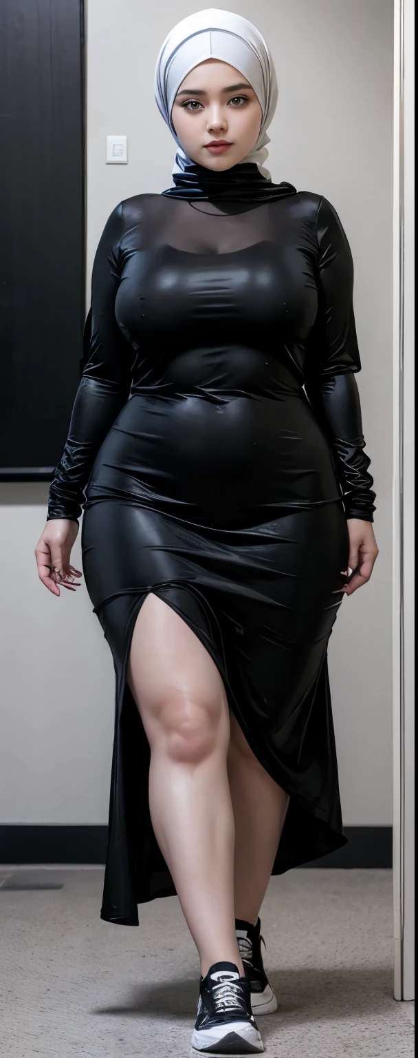Milky white skin woman in black dress and hijab walking down the room, , hijab outfit, , hijab fashion model, plus size, plus size woman, , woman in black , beautiful woman, thicc, black outfit,, bbwch, white sneakers , Height 170 cm, beautiful woman, with a beautiful appearance, a very beautiful masterpiece, a masterpiece of art, good lighting, Bright colors, Clean lines, .