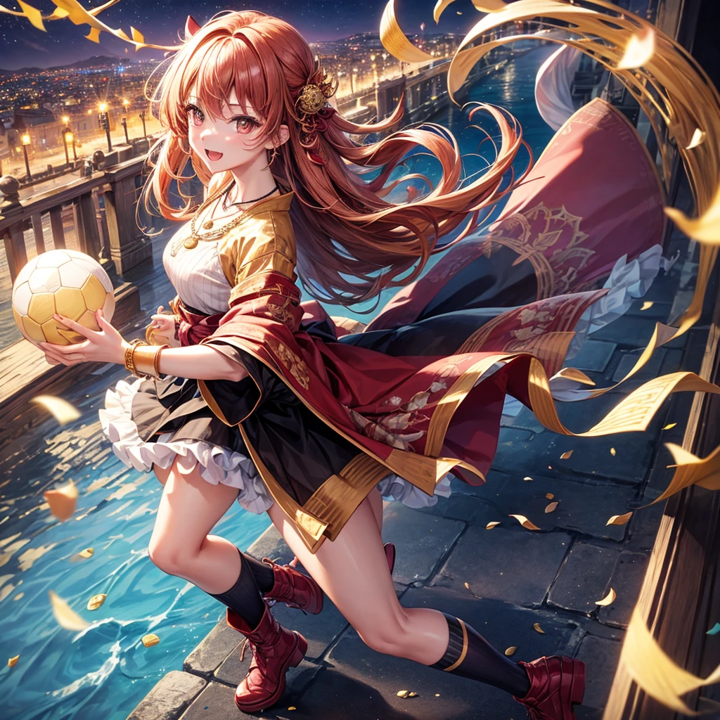 Pink, red, brown, gold, gold hair、Red gold eyes、Hair tied up、One good looking girl、solo、anime、Checkered mini skirt、Ruffles on the skirt、Checked dress、blouse、Kimono、Black knee-high socks、Ribbon、Ribbon on waist、Teeth are visible、Sparkly Necklace、From above、Cobblestones、waterfall、Starry Sky、Midnight Moon、suspension bridge、beam、Standing still、Transparent、Dragon flying、goddess、Edo、Confetti、Kicking a ball、Ancient City