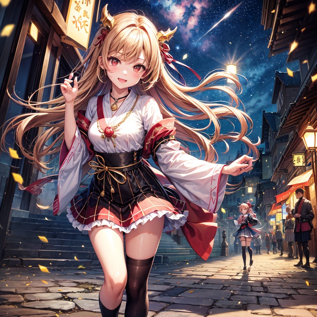 Pink, red, brown, gold, gold hair、Red gold eyes、Hair tied up、One good looking girl、solo、anime、Checkered mini skirt、Ruffles on the skirt、Checked dress、blouse、Kimono、Black knee-high socks、Ribbon、Ribbon on waist、Teeth are visible、Sparkly Necklace、From above、Cobblestones、waterfall、Starry Sky、Midnight Moon、suspension bridge、beam、Standing still、Transparent、Dragon flying、goddess、Edo、Confetti、Kicking a ball、Ancient City