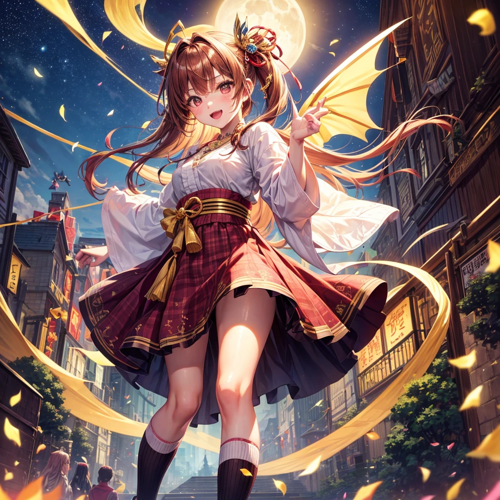 Pink, red, brown, gold, gold hair、Red gold eyes、Hair tied up、One good looking girl、solo、anime、Checkered mini skirt、Ruffles on the skirt、Checked dress、blouse、Kimono、Black knee-high socks、Ribbon、Ribbon on waist、Teeth are visible、Sparkly Necklace、From above、Cobblestones、waterfall、Starry Sky、Midnight Moon、suspension bridge、beam、Standing still、Transparent、Dragon flying、goddess、Edo、Confetti、Kicking a ball、Ancient City