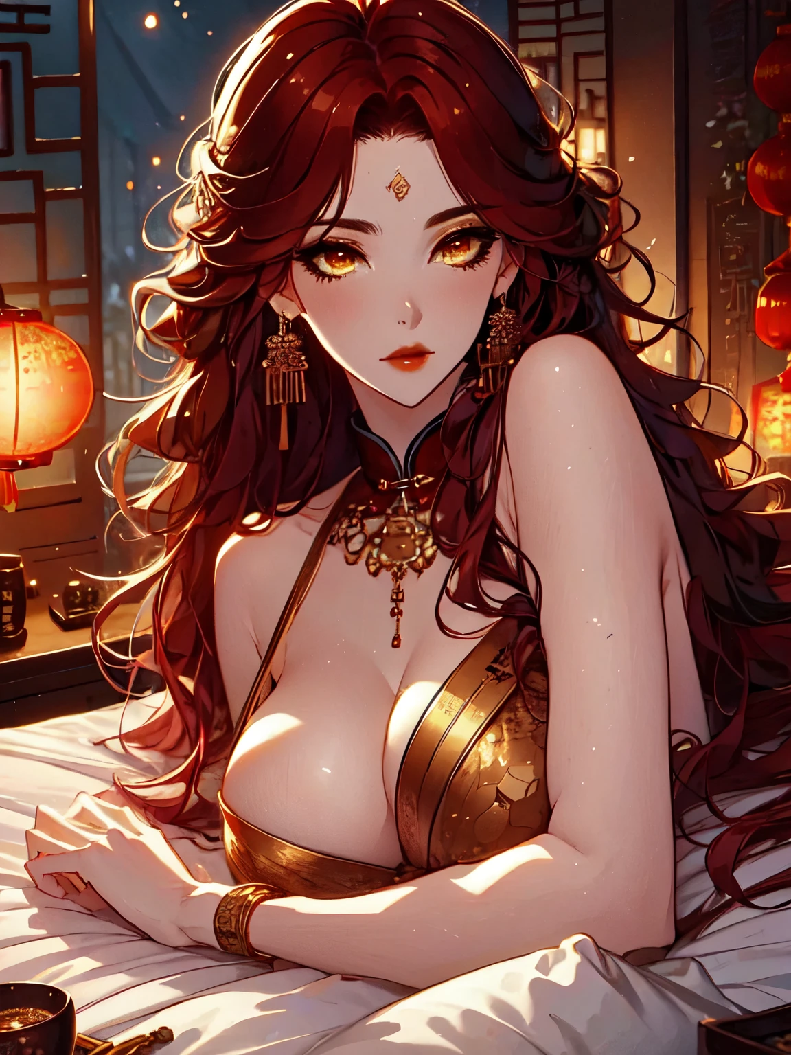 UHD, Textured Skin, High Detail, Anatomically Correct, SOLO, 1 Female, Xian mei, Custom Gold Eyes, Long Red Curly Hair, Jewelry, Round, Big Breasts, Perfect Anatomy, Traditional Chinese Room, Nudity, Nudity, Sexy, Hot, stars at night, 1 man with long black hair: groping from behind, sex from behind, penetration sitting in bed, cum in pussy,