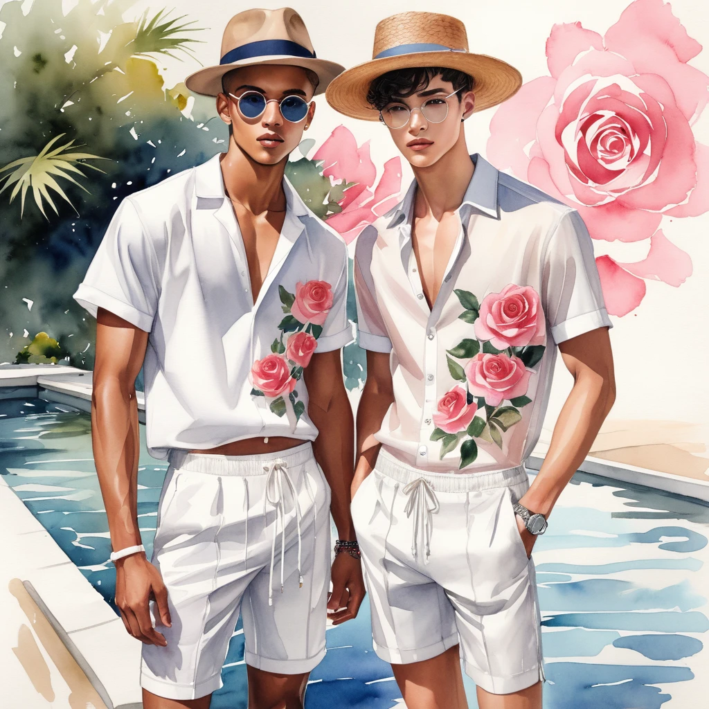 candid fashion illustration of young Mixed race 2man, both aged 18-23 year old, ((showcase fashion look book in linen outfits)), the design inspired by Mid pink roses color by David Austin Rose, in elegant chic style. The man wears an oversized short-sleeved shirt with a minimal rose embroidery details, paired with relaxed-fit white Short with Drawstring, He completes his look with white sneakers and round glasses. The boyfriend complements him in a skinny fitted speedo in a stripe pattern, semi bulge, He resemble includes an accessorizes with a brimmed straw hat and white sneakers, Captured in a low angle, ((full-body image)), ((roses drawing in water color in background)), fashion sketching, realistic drawing, ((imperfect water color drawing)), fashion look book, fashion illustrator, fashion sketch design, gay, gay couple,