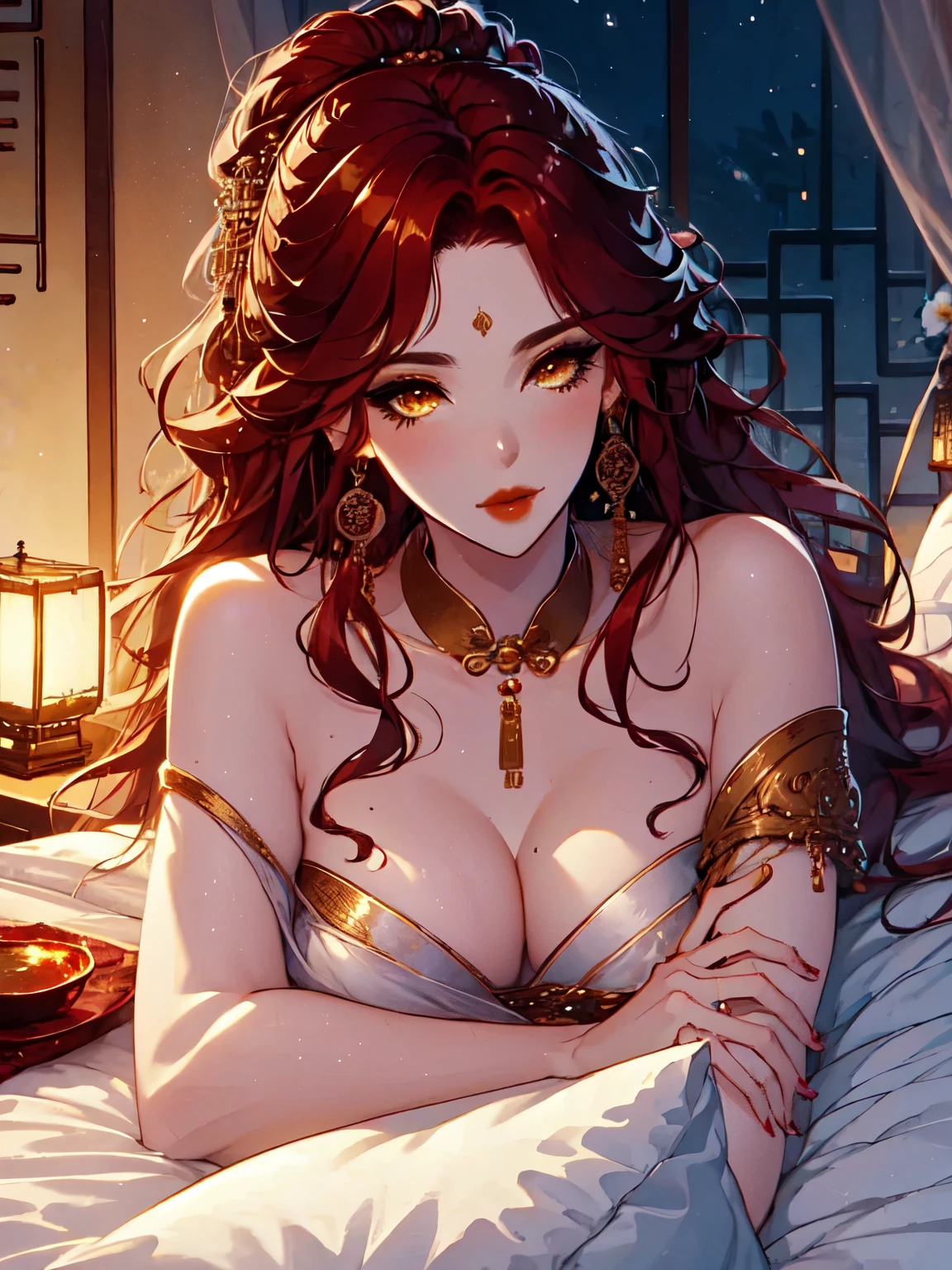 UHD, Textured Skin, High Detail, Anatomically Correct, SOLO, 1 Female, Xian mei, Custom Gold Eyes, Long Red Curly Hair, Jewelry, Round, Big Breasts, Perfect Anatomy, Traditional Chinese Room, Nudity, Nudity, Sexy, Hot, stars at night, 1 man with long black hair: groping from behind, sex from behind, penetration sitting in bed, cum in pussy,