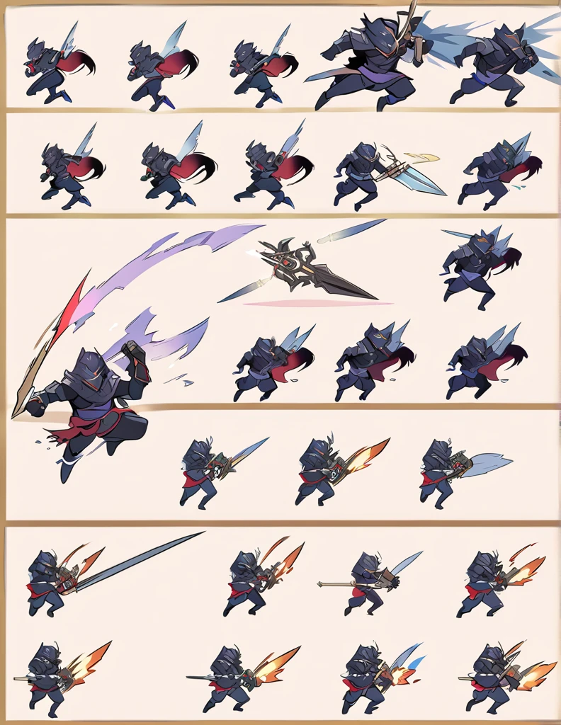 Create a sprite sheet for character animations that includes frames for movement, running, jumping, sword attack, spear attack, and bow attack. of an hudied assasin , clear art , hd quality, frame by frame , black knight