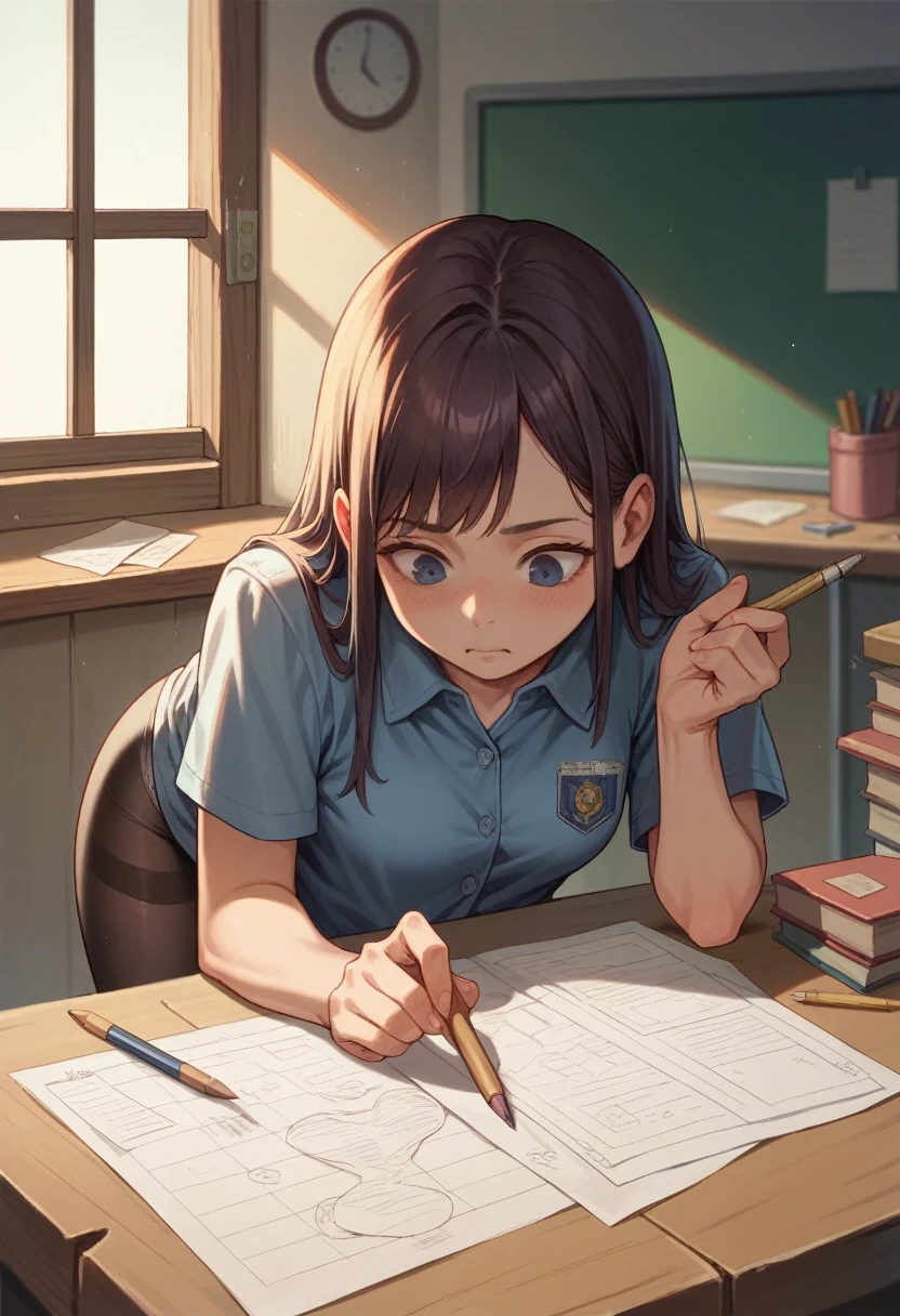 ((best quality)), ((masterpiece)), (detailed), 1girl, bended over, picking up a pencil, wearing a school shirt, leggings, camera angle from the back, visible panties