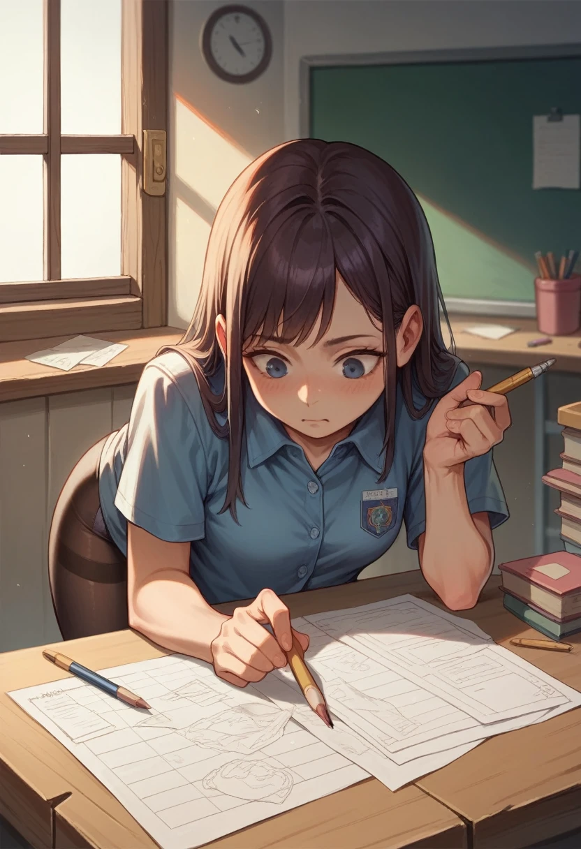 ((best quality)), ((masterpiece)), (detailed), 1girl, bended over, picking up a pencil, wearing a school shirt, leggings, camera angle from the back, visible panties