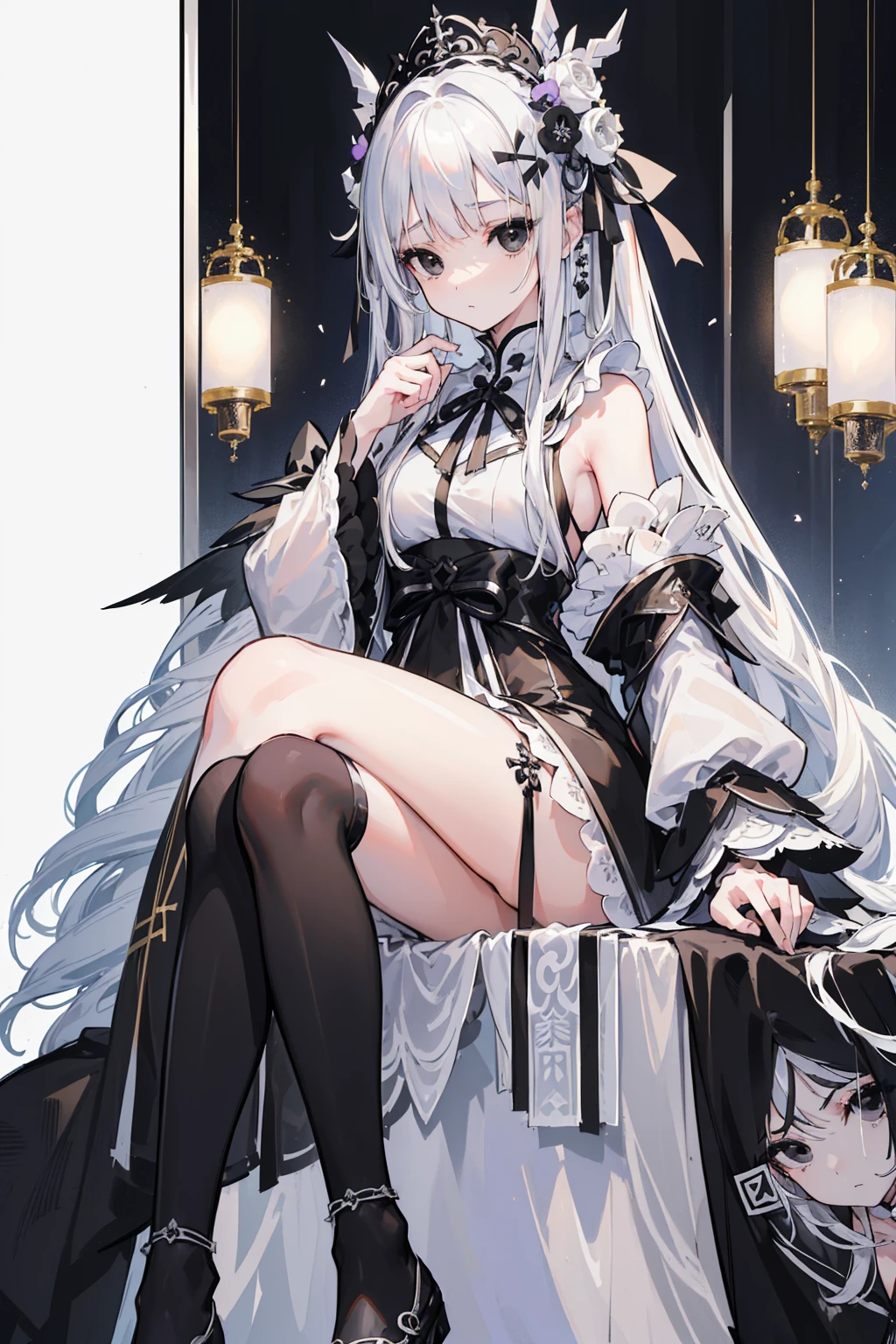 (Top image quality)、(Very detailed)、(Facing forward)、Top quality、masterpiece、(((1 名girl )))、girl、Silver Hair、White hair、((Long hair))、Weaving、(black eyes:1.6)、(White and black cheongsam)、Hooded dress、Lots of decorations、Lots of ribbons、White Ribbon、She looked grim.、Fluffy loose hair、Sitting upright