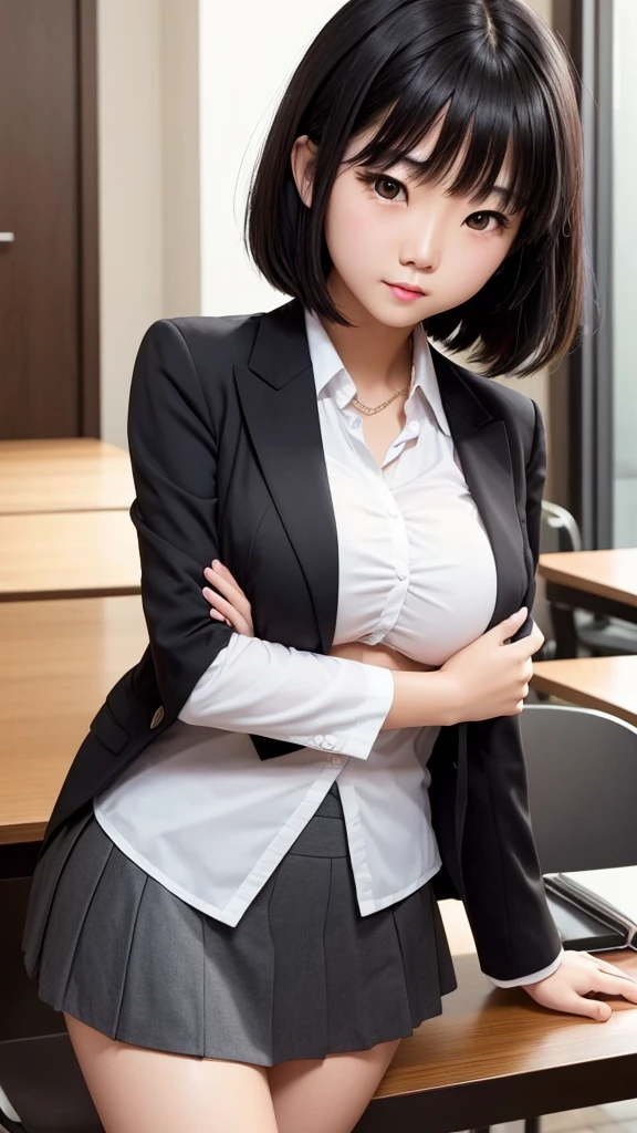 Tabletop、highlight、Asian woman、Black Hair、Heavy bangs、breast enhancement、high school girl、blazer、skirt、Gazing Eyes、Support your chest with your arms、