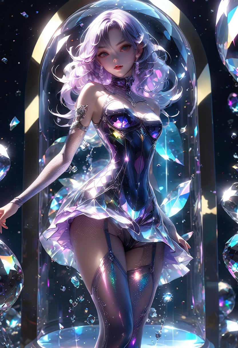 crystal covered, （Full body ：1.3）, alternate color, masterpiece, detailed illustration, realistic, pixiv top quality, exquisite, {{{kawaii 1girl}}}, ultra beauties who fuse with machines, glitter beautiful female, Half of my body is made of machines, transparent glass body, The machines inside the body are transparent, cinematic lighting, dynamic angle, dynamic pose, crystal world, depth of field，Shiny socks，Crystal stockings，Crystal high heels
