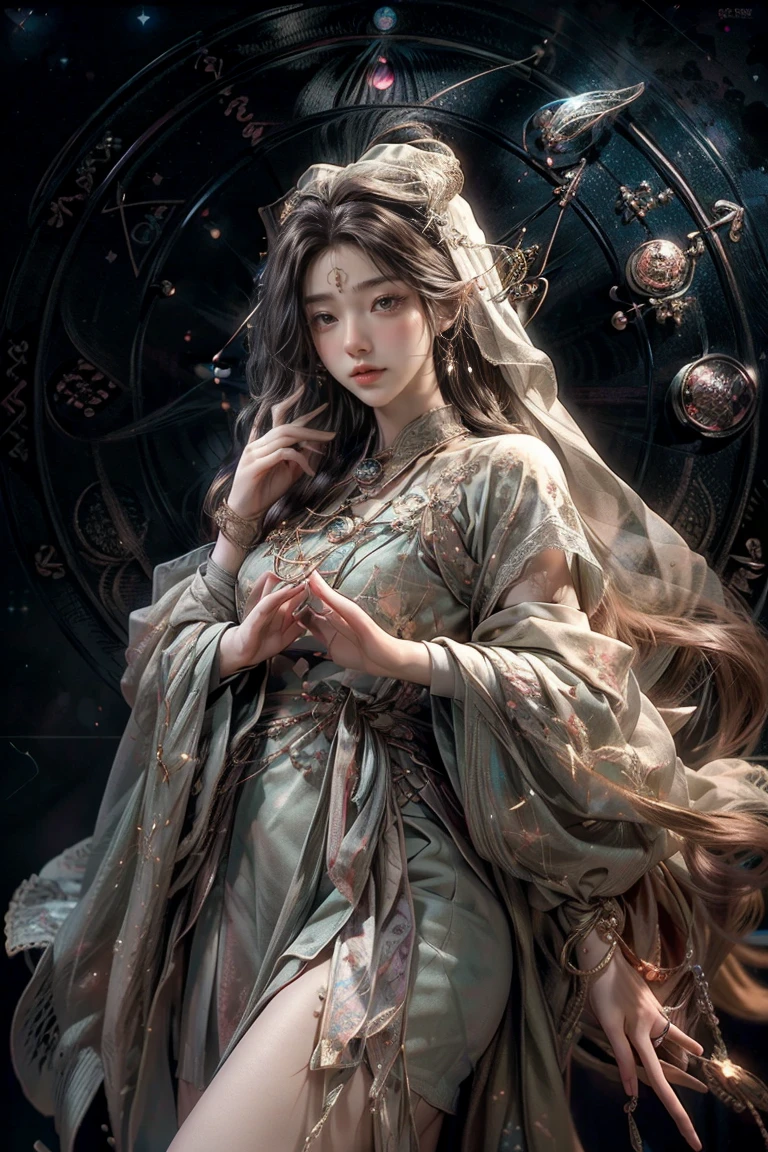 ((masterpiece, highest quality, Highest image quality, High resolution, photorealistic, Raw photo, 8K)), ((Astrologer:1.5)), Names of constellations and zodiac signs, constellations, astrology, unknown constellations, geometry and astrology, constellations, constellation Libra, very accurate and detailed, Libra, accurate and detailed, accurate depiction, numerology, very accurate, with constellation, Pisces, magical emblem, constellation, full body shot of astrologer wearing lace robes and veil hiding face,
