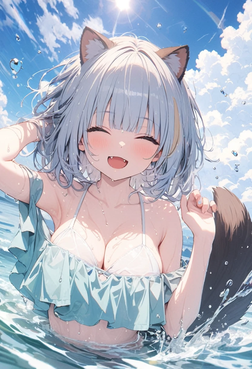 (best quarity,ultra detailed,ultra-high-resolution, absolutely resolution,8k, masterpiece),anime,(pale colors:1.8),long shot, 1girl, solo, cat mouth, hands up, (shoulder-deep in water:1.3), smile, closed eyes, opened mouth, fang, arms up, blue hair, bobcut, straight hair, racoon ears, racoon tail, (brown streaked hair:1.3), (blunt bangs) ,wet hair, wet skin, thick eyebrows, big breast, off shoulder bikini, water splash background, summer, fullbody,