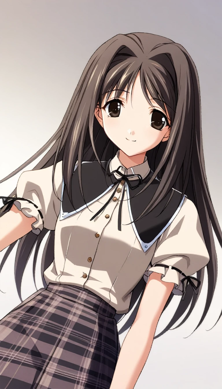 1girl,shizuru,short sleeves hamasaki uniform,beige tops,blue plaid skirt,masterpiece,best quality,solo,very aesthetic,absurdres,game cg,simple background,white background,cowboy shot,upper body,close up,looking at viewer,(illustration:1.2),(extremely fine and beautiful),(perfect details),(unity CG 8K wallpaper:1.05),(ray tracing),(beautiful and clear background:1.25),(depth of field:0.6),(beautiful face:1.2),smile,