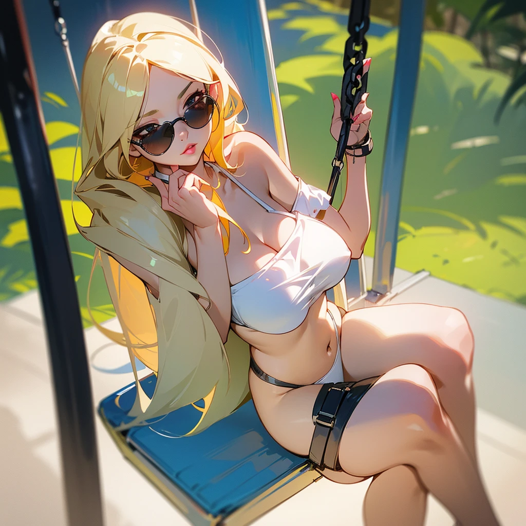 AI art image of beautiful woman in white bikini with details and black top Chibi beautiful curvy girl , long blonde hair modern clothes and shades, black eyes , pink lips, exhausting on a swing going up,r