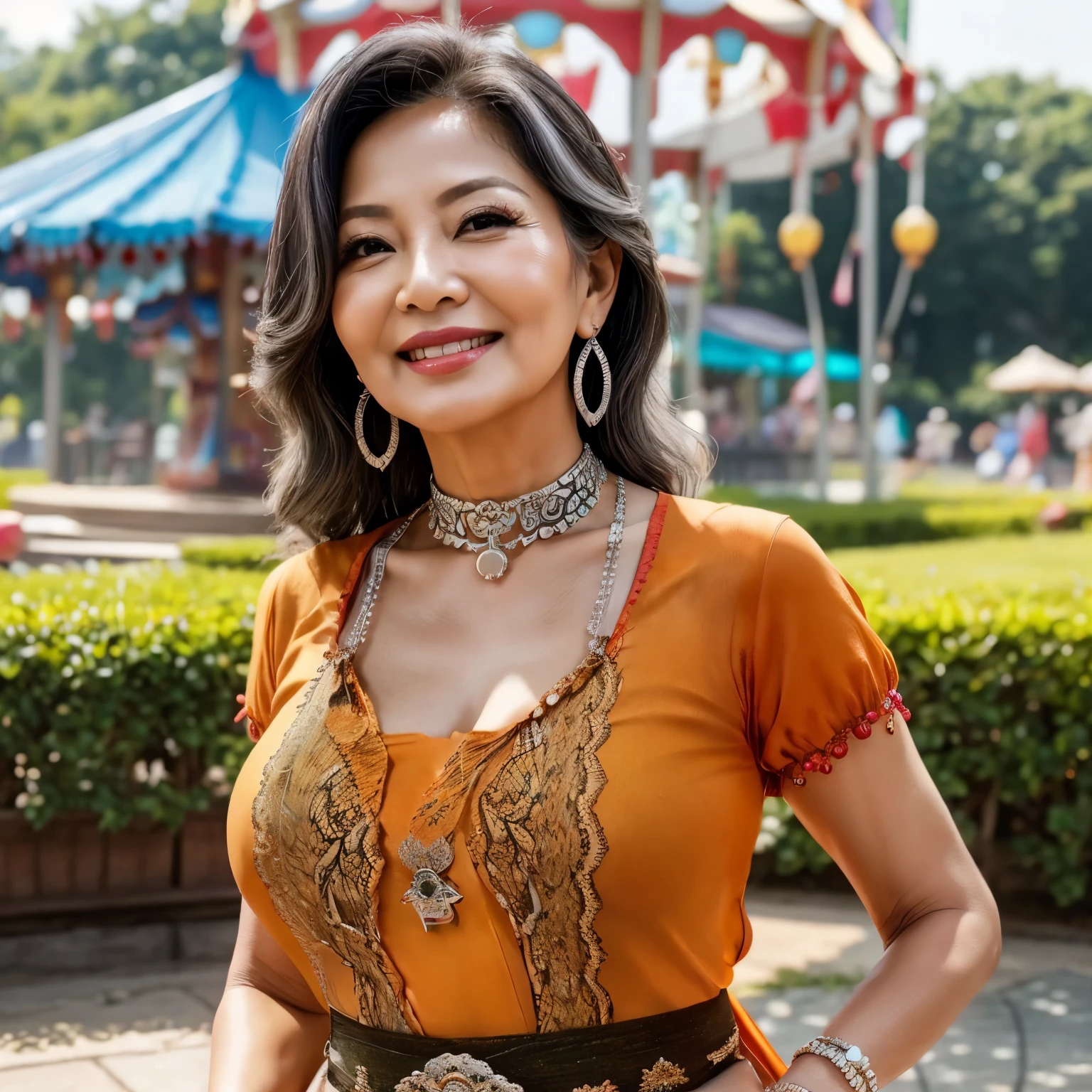 Seductive pose 75 years old mom milf Korean, Lady large earring Big choker navel piercing decoration A bracelet Silver Hair realisitic Gorgeous Madame Beautiful Mature Woman sexly Smile Gentle woman navel piercing 4K High quality amusement park staff hot summer Gorgeous Madame Beautiful Mature Woman Short sleeve