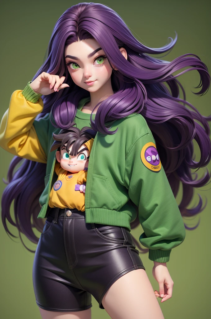 A human realistic girl dark brown hair is drawing on a canvas an animated Dragon Ball boy style character with long purple hair and yellow-green eyes, destroyed blue clothes.