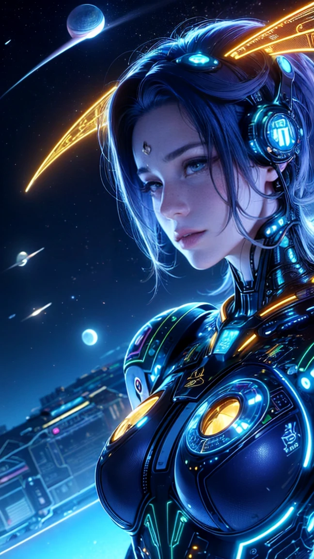 top quality, future world, State-of-the-art robot, Beautiful Woman, flying hair, Transformed into a cyborg except for the face, sexy images, whole body photo, ((Astrologer, star signs))