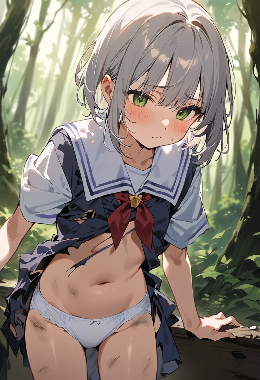 beautiful detailed girl,(masterpiece,best quality,extremely detailed:1.2),((cowboy shot:1.1)),(solo,,kawaii,slender,small breasts:1.25),(pained look:0.8),((white underwear) in ((Torn school uniform)):2),(dirty:2),blush,shy,weep,standing,(deep forest:1.5),(hug:0.4),rating: general, newest,Sexy face