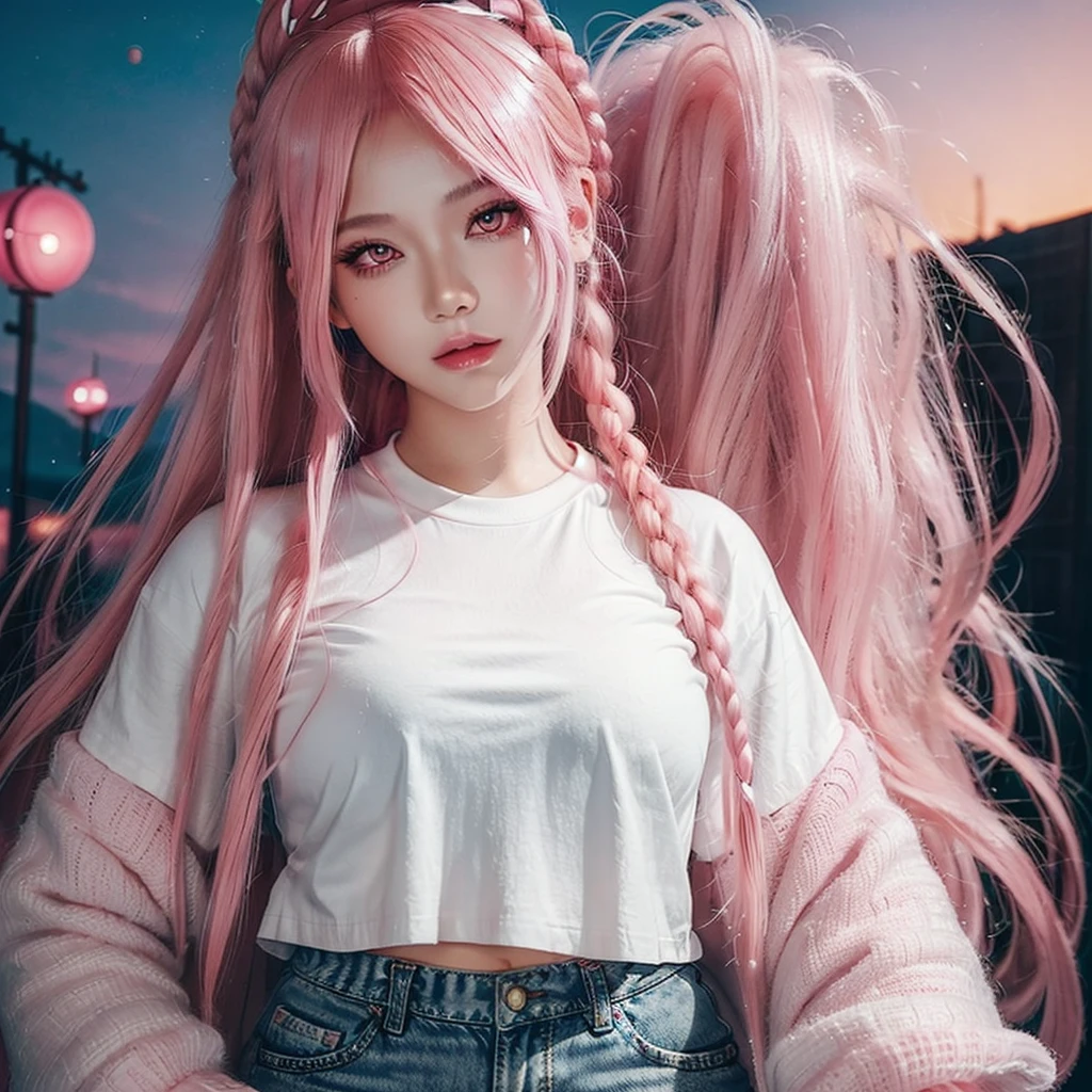 Young woman, pink eyes, long braided pink hair, pink, lots of pink, white cropped t-shirt, pink jeans, bubble gum, cotton candy, pink sky, pink moon, all is pink, beautifully lit, stunning environment, insanely detailed