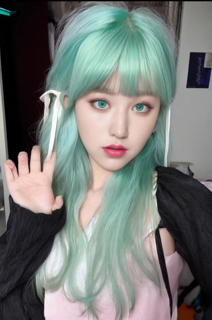 8K high quality，1 woman，Turquoise green hair：1.5