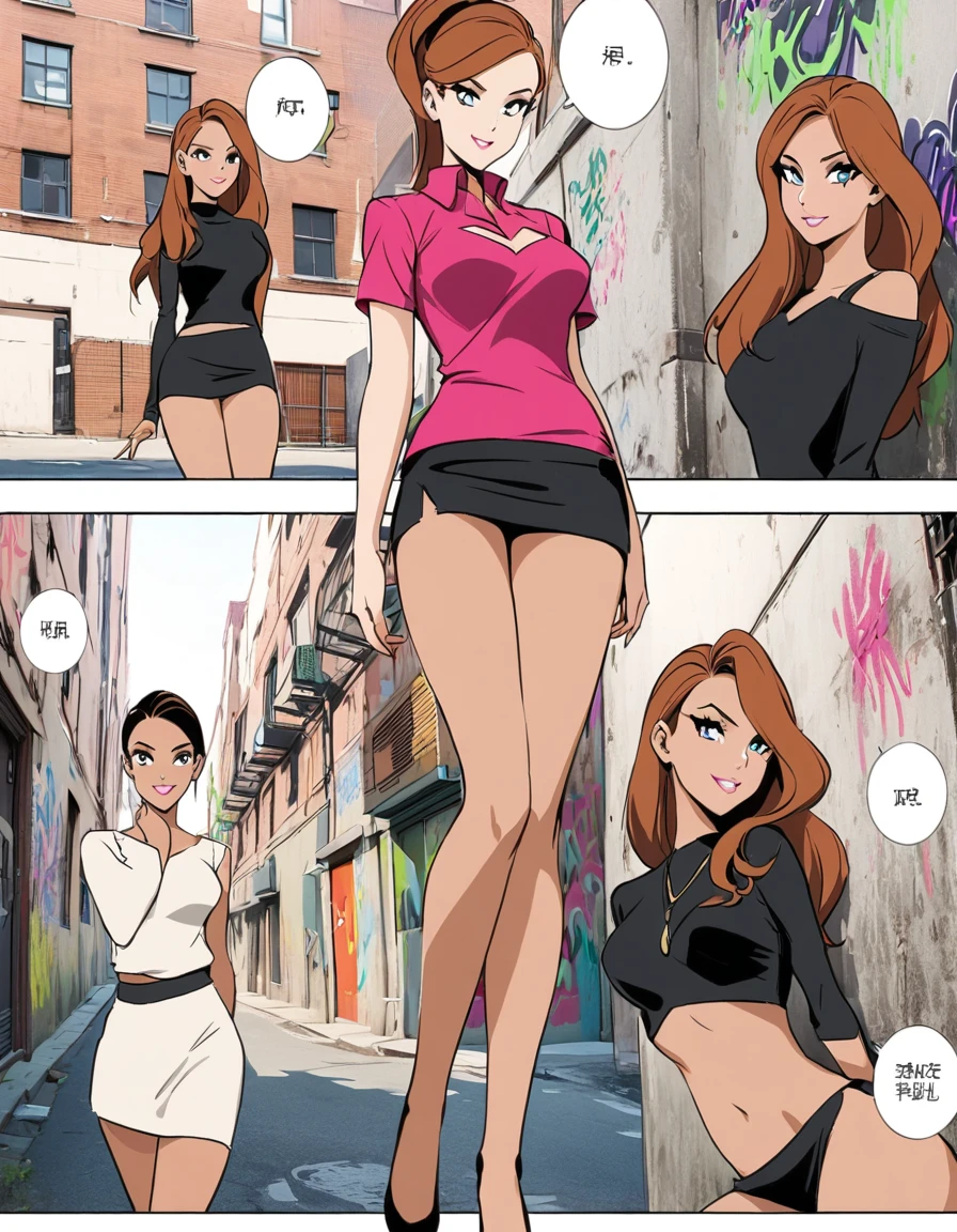 comic storyboard, Kim Possible, exuding elegance and confidence in a micro mini skirt. Her flawless complexion and radiant smile captivate the viewer, embodying grace and style. The photo is set in a chic urban alleyway, with graffiti-adorned walls adding a touch of edginess. The composition is a high angle shot, showcasing the woman's fashionable ensemble and poised demeanor. Soft, natural lighting highlights her features with a subtle glow.