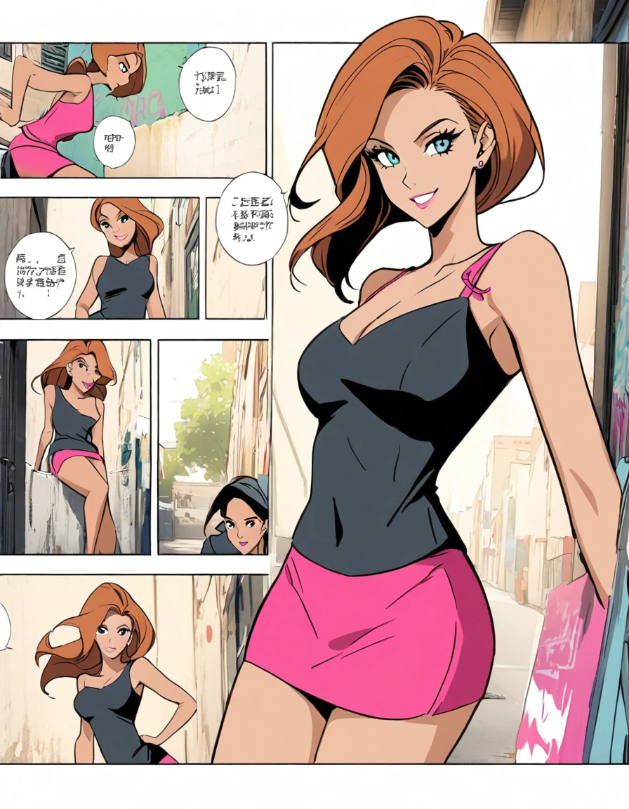 comic storyboard, Kim Possible, exuding elegance and confidence in a micro mini skirt. Her flawless complexion and radiant smile captivate the viewer, embodying grace and style. The photo is set in a chic urban alleyway, with graffiti-adorned walls adding a touch of edginess. The composition is a high angle shot, showcasing the woman's fashionable ensemble and poised demeanor. Soft, natural lighting highlights her features with a subtle glow.