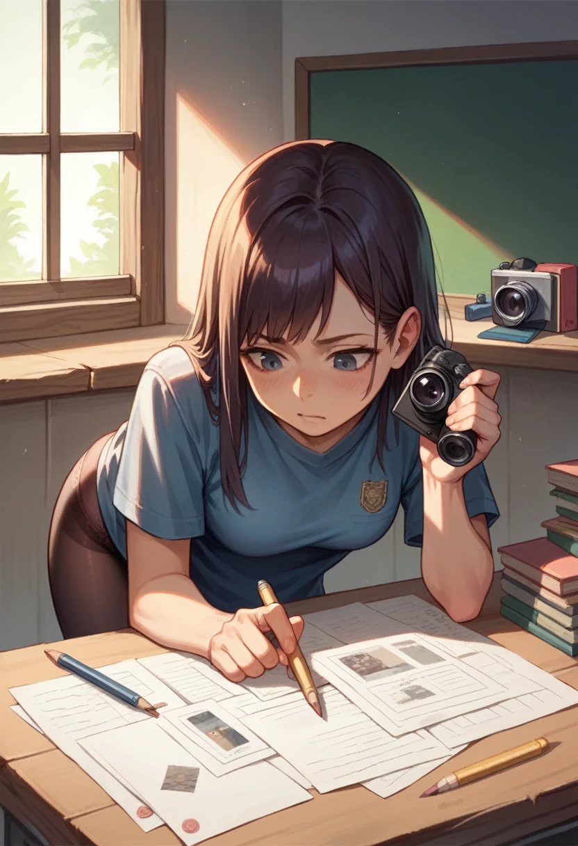 ((best quality)), ((masterpiece)), (detailed), 1girl, bended over, picking up a pencil, wearing a school shirt, leggings, camera angle from the back, visible panties