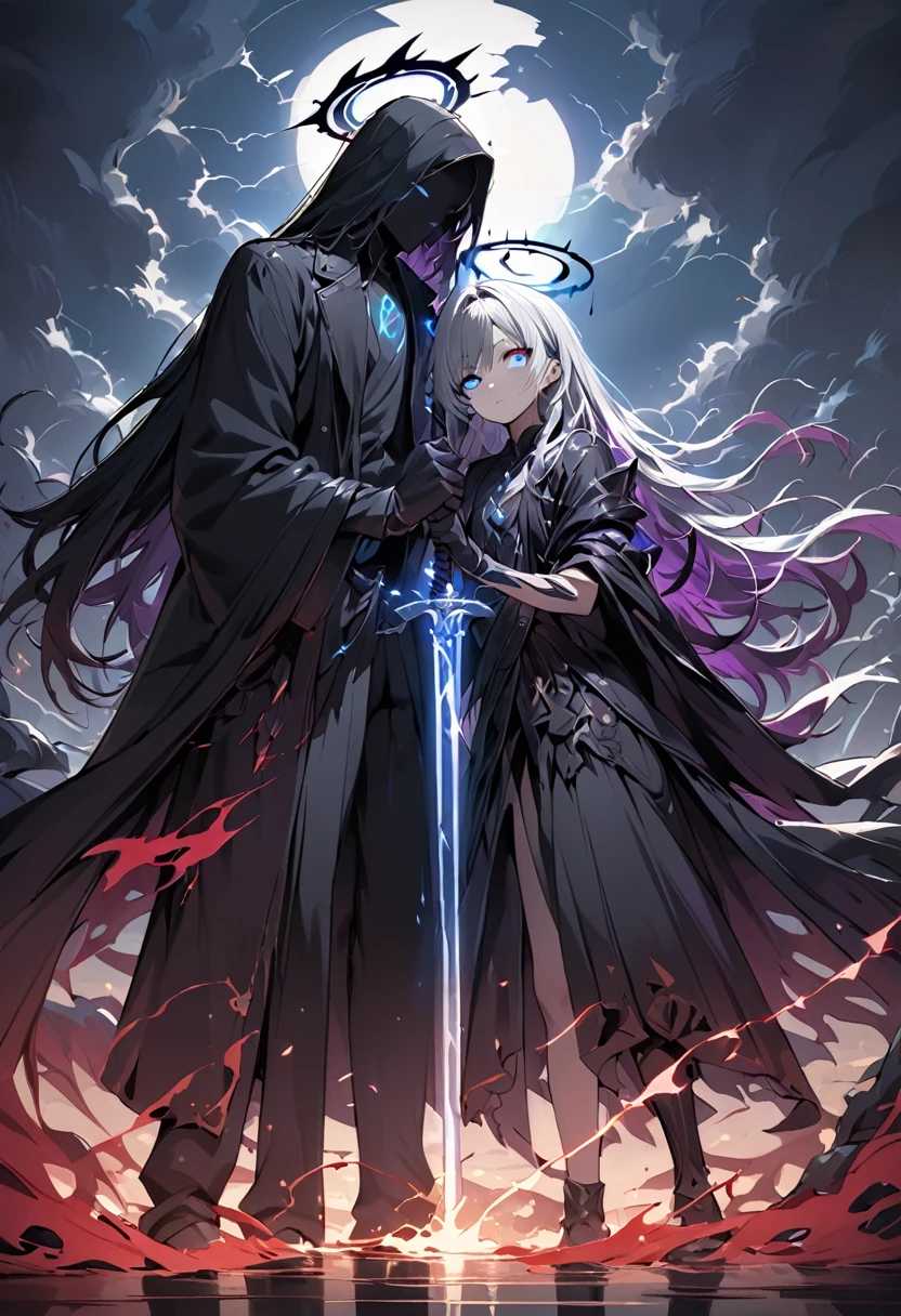 elementary, Shadow Surrounding Girl, lightning, Green Aura, Red aura, Purple aura, Flames surrounding the girl, masterpiece, Dark Theme, Highest quality, Maximum details, Very fine eye, Professional coloring, cinematic lightning, Remaining, Written boundary depth, Backlight, One Girl, Young girl, Silver Hair, Long Hair, Black glowing halo, Shining blue sea, Blue Flame, Fantasy style costumes, Black long coat, shirt, Black trousers, Swinging a thin black long sword, Expressionless, Purple left eye and blue right eye, Odd Eye, Glowing Eyes