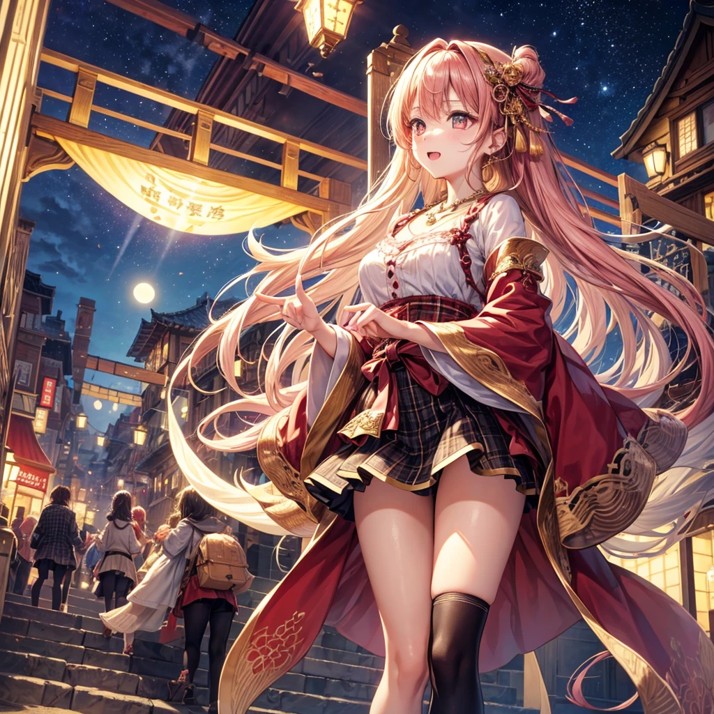 Pink, red, brown, gold, gold hair、Red gold eyes、Hair tied up、One good looking girl、solo、anime、Checkered mini skirt、Ruffles on the skirt、Checked dress、blouse、Kimono、Black knee-high socks、Ribbon、Ribbon on waist、Teeth are visible、Sparkly Necklace、From above、Cobblestones、waterfall、Starry Sky、Midnight Moon、suspension bridge、beam、Standing still、Transparent、Dragon flying、goddess、Edo、Confetti、Kicking a ball、Ancient City