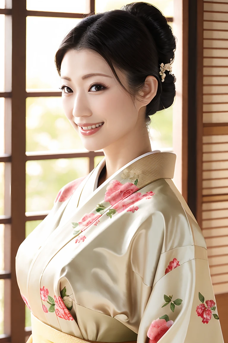 (Highest quality、Tabletop、8K、Best image quality、Award-winning works)、(1 Beautiful Mature Woman:1.1)、(Innkeeper:1.1)、(Elegant floral kimono:1.2)、(A kimono with a perfect and accurate collar:1.2)、Perfect Mature Woman Portrait Photo、Glowing Skin、Standing Elegantly、(Blurred elegant and elaborate perfect Japanese style room background:1.3)、(The most natural and perfect tidy Japanese-style room background:1.2)、(Elegant and luxurious Japanese style room background:1.1)、Glowing White Skin、Very white skin、(Accentuate your body lines:1.1)、(The most elegant posture:1.2)、(Large Breasts:1.2)、(Chignon:1.2)、(Accurate anatomy:1.2)、(A smile looking at me:1.2)、(Stand elegantly facing forward:1.2)、(Front view:1.1)