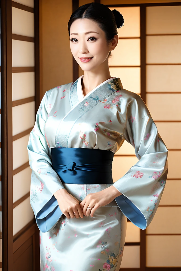 (Highest quality、Tabletop、8K、Best image quality、Award-winning works)、(1 Beautiful Mature Woman:1.1)、(Innkeeper:1.1)、(Elegant floral kimono:1.2)、(A kimono with a perfect and accurate collar:1.2)、Perfect Mature Woman Portrait Photo、Glowing Skin、Standing Elegantly、(Blurred elegant and elaborate perfect Japanese style room background:1.3)、(The most natural and perfect tidy Japanese-style room background:1.2)、(Elegant and luxurious Japanese style room background:1.1)、Glowing White Skin、Very white skin、(Accentuate your body lines:1.1)、(The most elegant posture:1.2)、(Large Breasts:1.2)、(Chignon:1.2)、(Accurate anatomy:1.2)、(A smile looking at me:1.2)、(Stand elegantly facing forward:1.2)、(Front view:1.1)