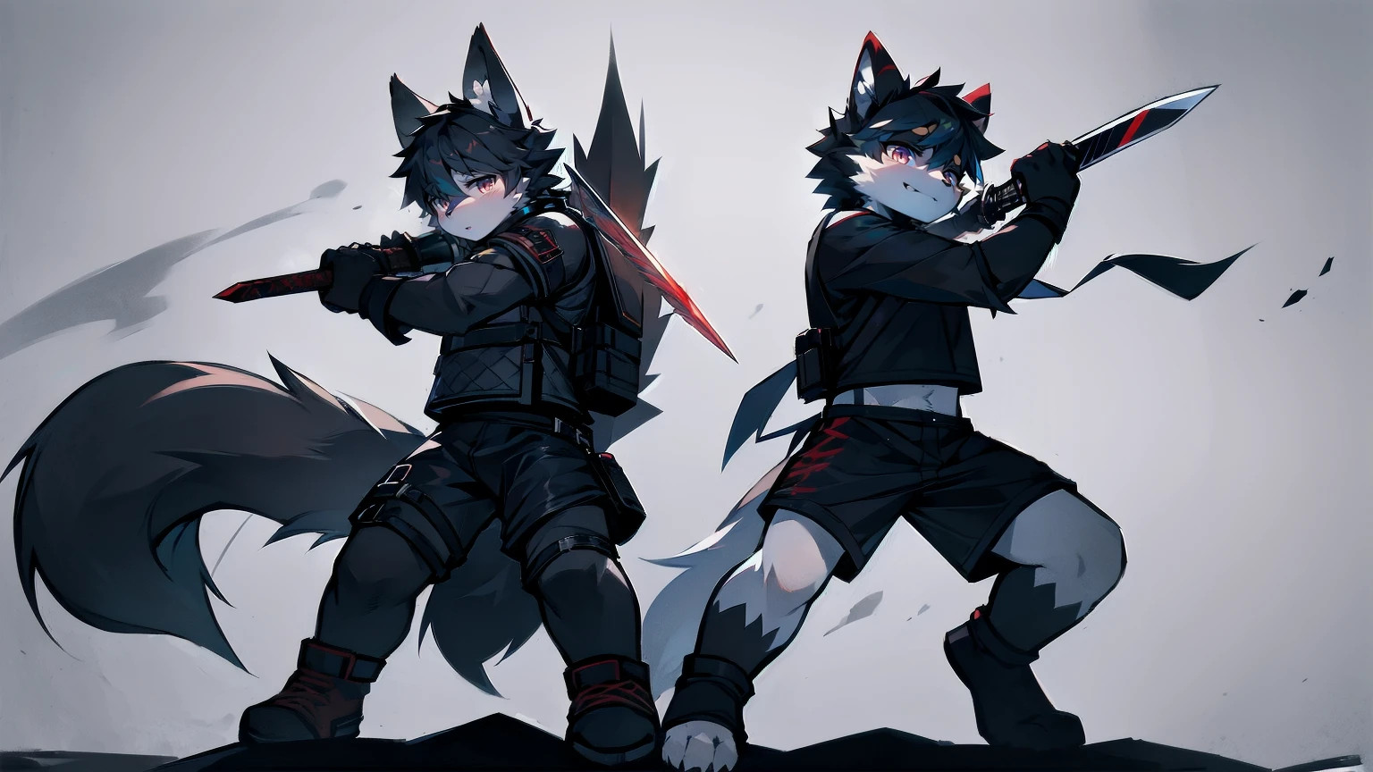 White Wolf，black hair，Red eyes，Wolf ears，Wolf Tail，juvenile，male，hairy，Hair，Half body armor，Combat uniform，Silver and black clothing，Handsome，Handsome，shorts，The forearm is exposed，leg，Fighting Stance，Duel，Two people，Anxious，Armed with a sword，Simple background，Swords