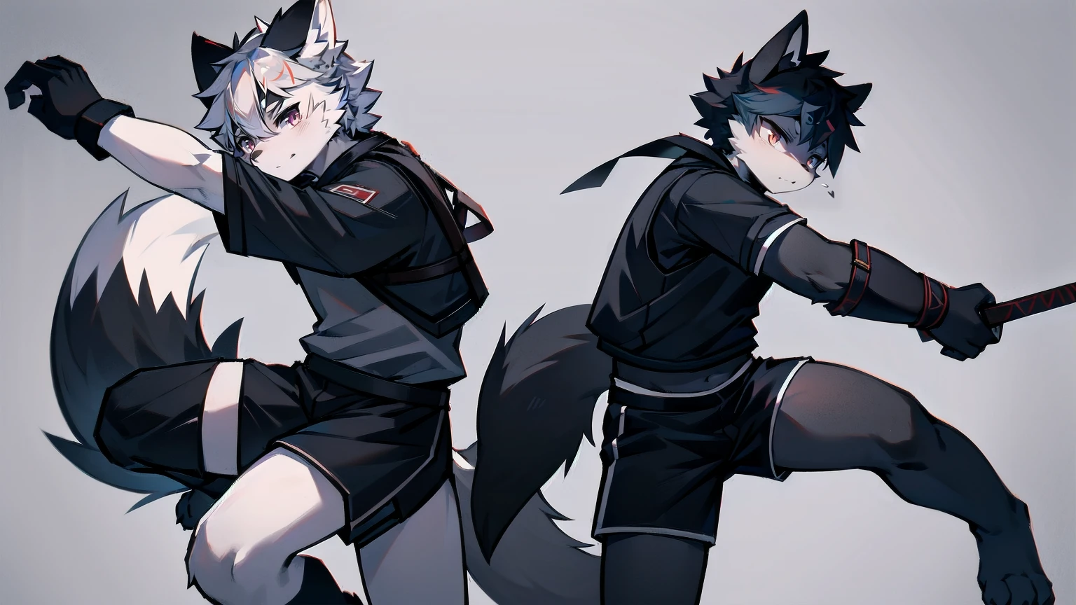 White Wolf,black hair,Red eyes,Wolf ears,Wolf Tail,juvenile,male,hairy,Hair,Half body armor,Combat uniform,Silver and black clothing,Handsome,Handsome,shorts,The forearm is exposed,leg,Fighting Stance,Duel,Two people,Anxious,Armed with a sword,Simple background,Swords