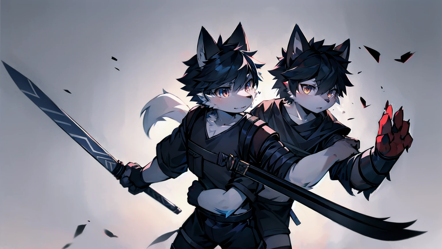 White Wolf，black hair，Red eyes，Wolf ears，Wolf Tail，juvenile，male，hairy，Hair，Half body armor，Combat uniform，Silver and black clothing，Handsome，Handsome，shorts，The forearm is exposed，leg，Fighting Stance，Duel，Two people，Anxious，Armed with a sword，Simple background，Swords