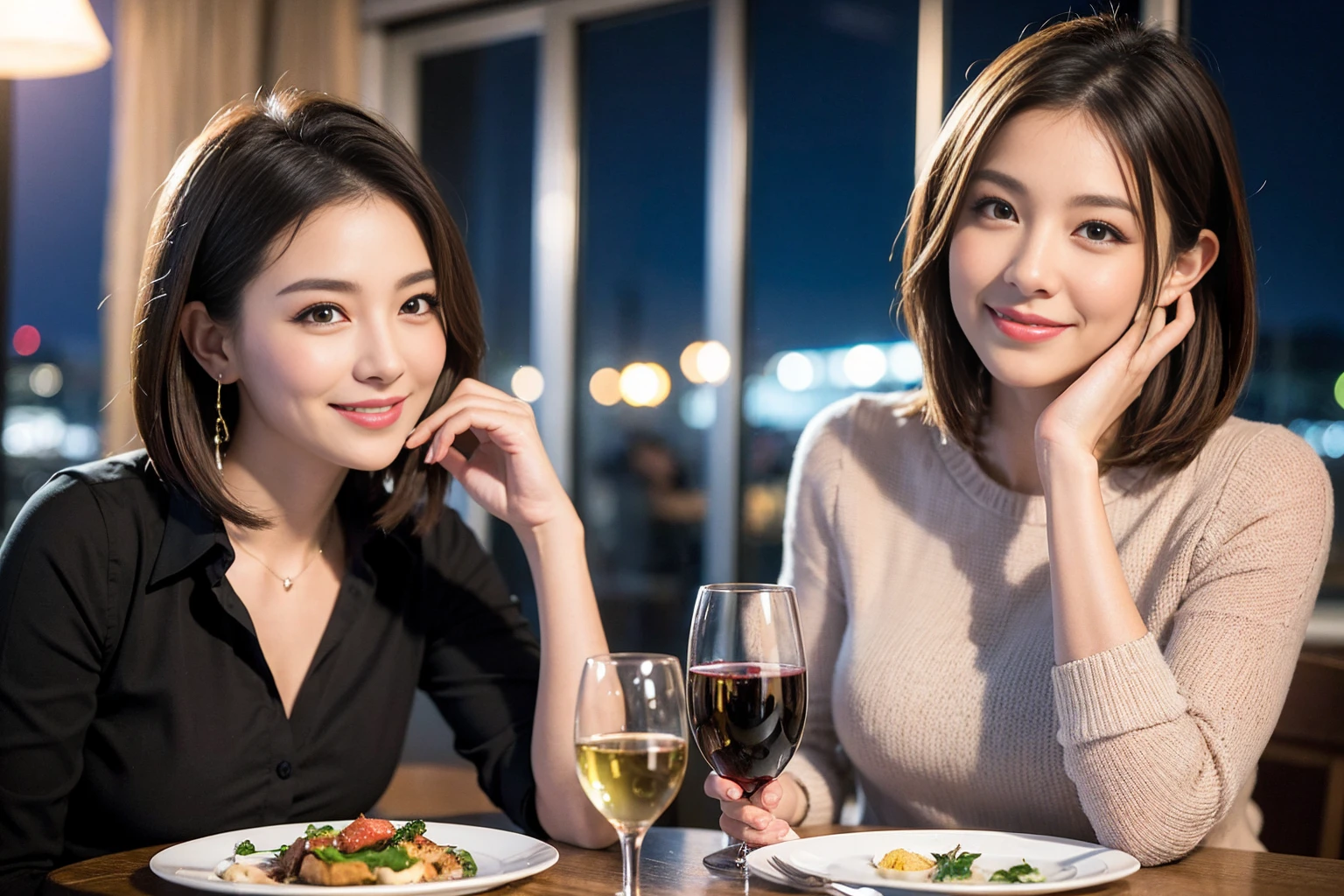 ((Highest quality、8K、masterpiece:1.3))、slimカップル、modelカップル、(Realistic, Intricate details:1.2), full-course dinner、Wine Party、Amazing view of the sunset sky and clouds、A bright smile、The wonderfulness of smile、Bright image、The beauty of wine, Beautiful Face, blue eyes, The light shines on your face, Blushing, short hair,Bright Face、 (Age 37), 39 years old, red wine 、Appetizers、Italian food、Wine bottle、Champagne、sparkling wine、Two beauties、Brown Hair、Shortcuts、Long sleeve shirt、dress、Beautiful woman 1, (slimな顔), (The body is slim), (Brown Hair), (Shortcuts), cheeks turn a little red,Attractive beauty、restaurant, In a prominent place (From the waist up) Nova Frog Style, actress, model, Upper Body, White wine, slim, wine glass, 中央に置かれたwine glass, smile, (smile: 1.15), Beautiful fine grain, Depth f/2,saturation, High Contrast, Strong light and shadow,Moist Body:1.5、3D texture、Delicate eyes、Brown Hair、The hair is very shiny、