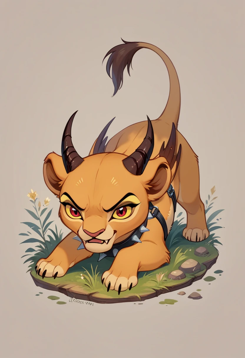 the lion king, lioness, Chibi, Chibi Body, Chibi Art Style abyss monster, lioness, female, feral, playful, top down, bottom up, smooth fur, webbed wings, claws, horns, red eyes, feline body, fangs, leather harness, full body, spiked collar, Detailed body fur, front view, a three-quarter view, masterpiece