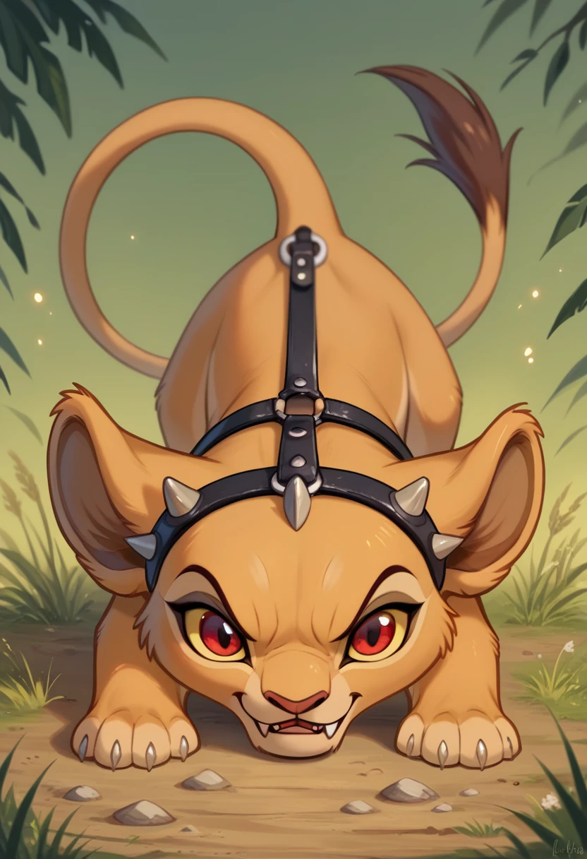 the lion king, lioness, Chibi, Chibi Body, Chibi Art Style abyss monster, lioness, female, feral, playful, top down, bottom up, smooth fur, webbed wings, claws, horns, red eyes, feline body, fangs, leather harness, full body, spiked collar, Detailed body fur, front view, a three-quarter view, masterpiece