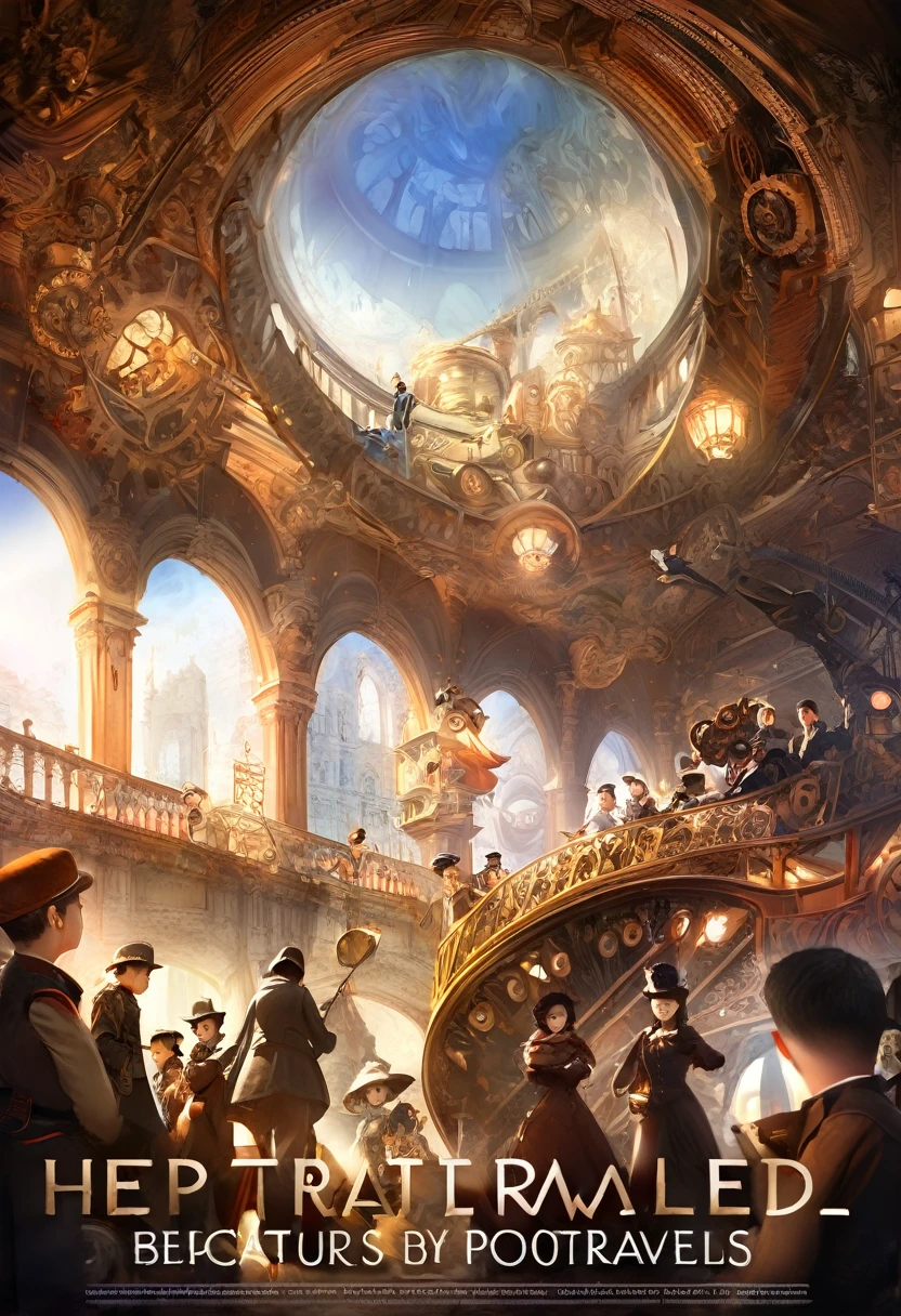 cover_page, High resolution, top quality, best quality, Paid rewards available, High quality illustrations, An unparalleled masterpiece, perfect work of art, Ridiculous, 超High resolution, Detailed Background, Steampunk, beautiful world heritage, 6+boys, 6+Girls, happy, hapiness(Solo Traveler Photos)(Beast, furry human)movie lighting, Dynamic angle,