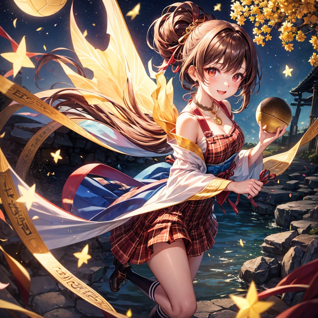 Pink, red, brown, gold, gold hair、Red gold eyes、Hair tied up、One good looking girl、solo、anime、Checkered mini skirt、Ruffles on the skirt、Checked dress、blouse、Kimono、Black knee-high socks、Ribbon、Ribbon on waist、Teeth are visible、Sparkly Necklace、From above、Cobblestones、waterfall、Starry Sky、Midnight Moon、suspension bridge、beam、Standing still、Transparent、Dragon flying、goddess、Edo、Confetti、Kicking a ball、Ancient City