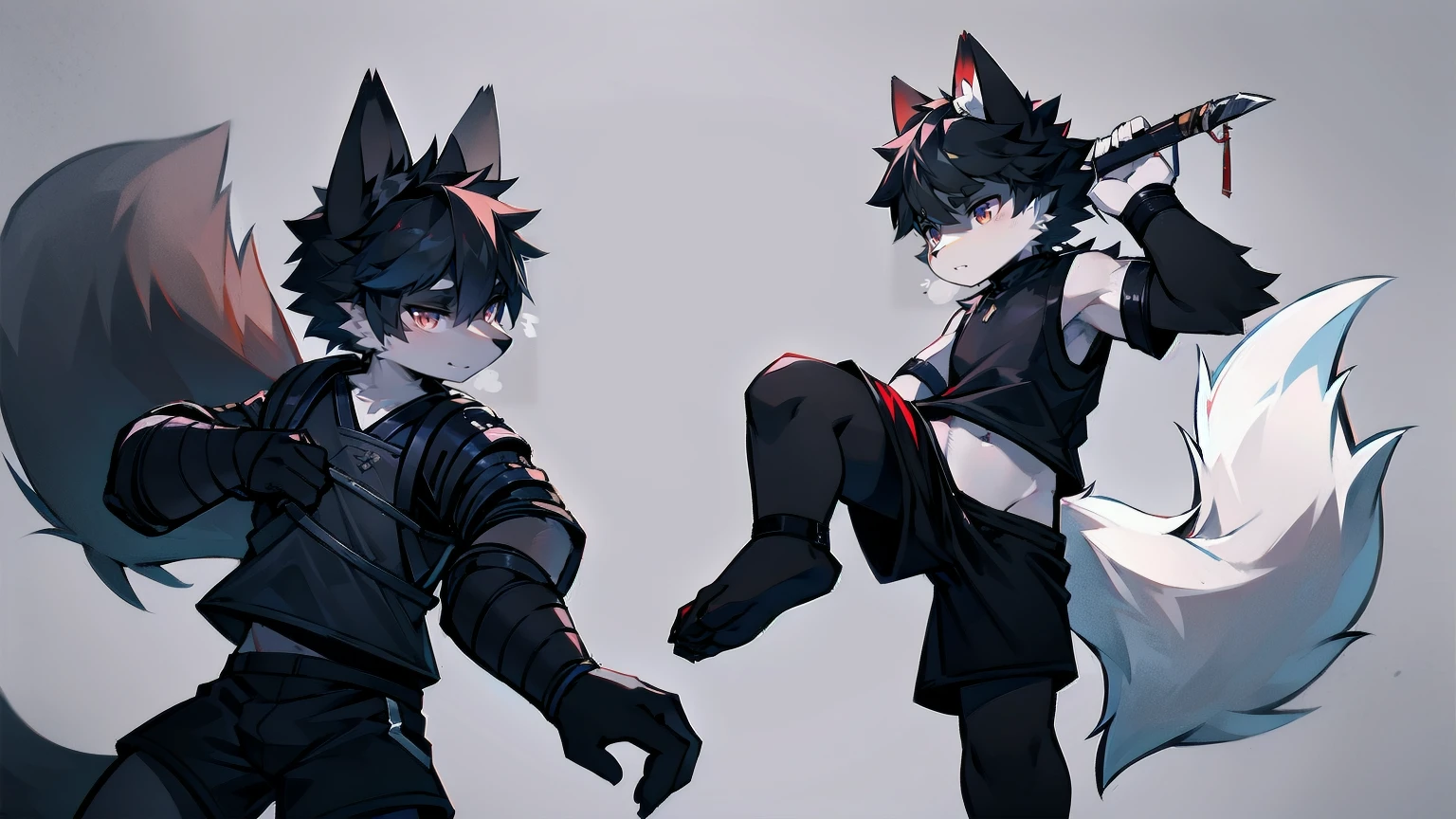 White Wolf,black hair,Red eyes,Wolf ears,Wolf Tail,juvenile,male,hairy,Hair,Half body armor,Combat uniform,Silver and black clothing,Handsome,Handsome,shorts,The forearm is exposed,leg,Fighting Stance,Duel,Two people,Anxious,Armed with a sword,Simple background,Swords