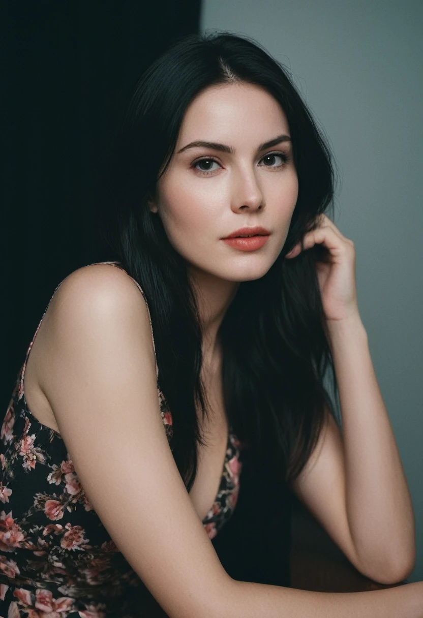 photoshoot, photographic studio, CRU photo, fot editorial, fot de estoque de filme, cinematic, posando, amateur photo, LnFalog, cru, f2, 35mm, LnF (amateur photo), flash fot, taken on LnF old camera, Polaroid, 8K, highy detailed, (high qualiy, best qualityer:1.3), Extremely high resolution, Film grain, 30 year old fair skinned, caucasian woman, rosy cheeks,  far away (waist-length:1.2) combed jet black hair ((macro lens)), dark atmospher, ((focused on the eyes)), Feminine Expressions, fot, dslr, 35mm, Fujifilm Superia Premium 400, Nikon D850 fot de estoque de filme, Kodak Portra 400 F1.6 lenses, 8K, ultra HD