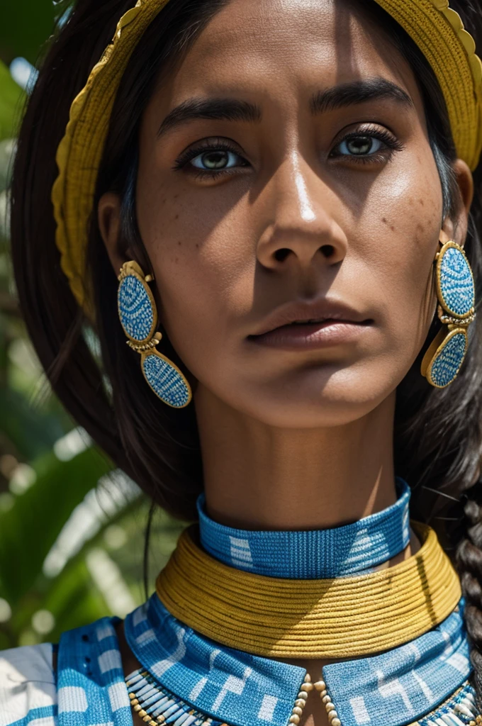 yautja woman, a woman with a high collar, portrait, white skin with light blue pattern spots, with yellow eyes, 8k, ultra details, selva tropical 