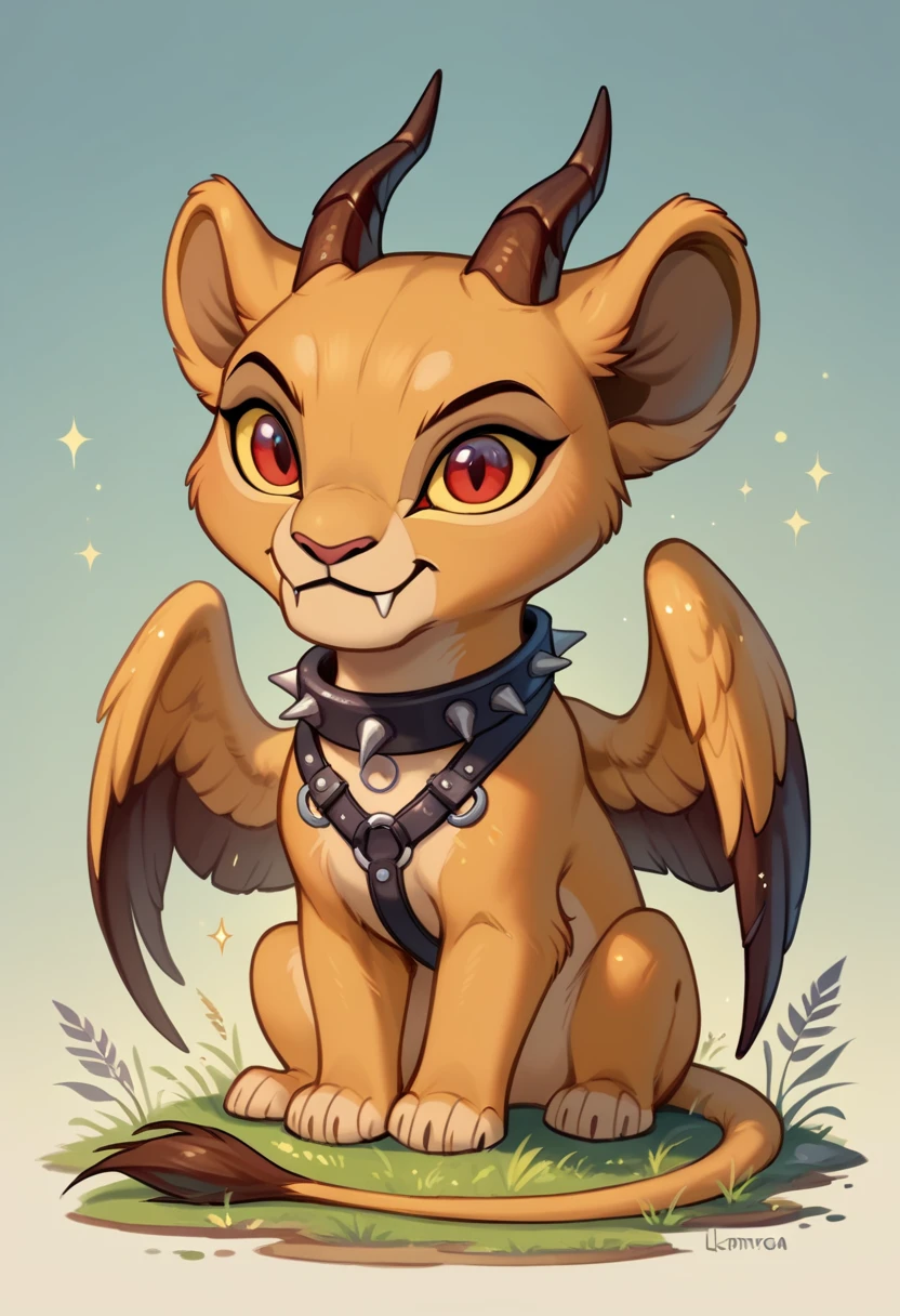 the lion king, lioness, Chibi, Chibi Body, Chibi Art Style abyss monster, lioness, female, feral, sitting, black smooth fur, webbed wings, claws, horns, red eyes, feline body, fangs, leather harness, full body, spiked collar, Detailed body fur, a three-quarter view, masterpiece