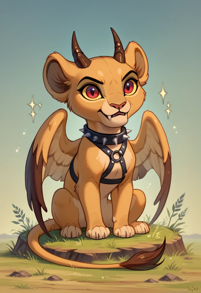 the lion king, lioness, Chibi, Chibi Body, Chibi Art Style abyss monster, lioness, female, feral, sitting, black smooth fur, webbed wings, claws, horns, red eyes, feline body, fangs, leather harness, full body, spiked collar, Detailed body fur, a three-quarter view, masterpiece