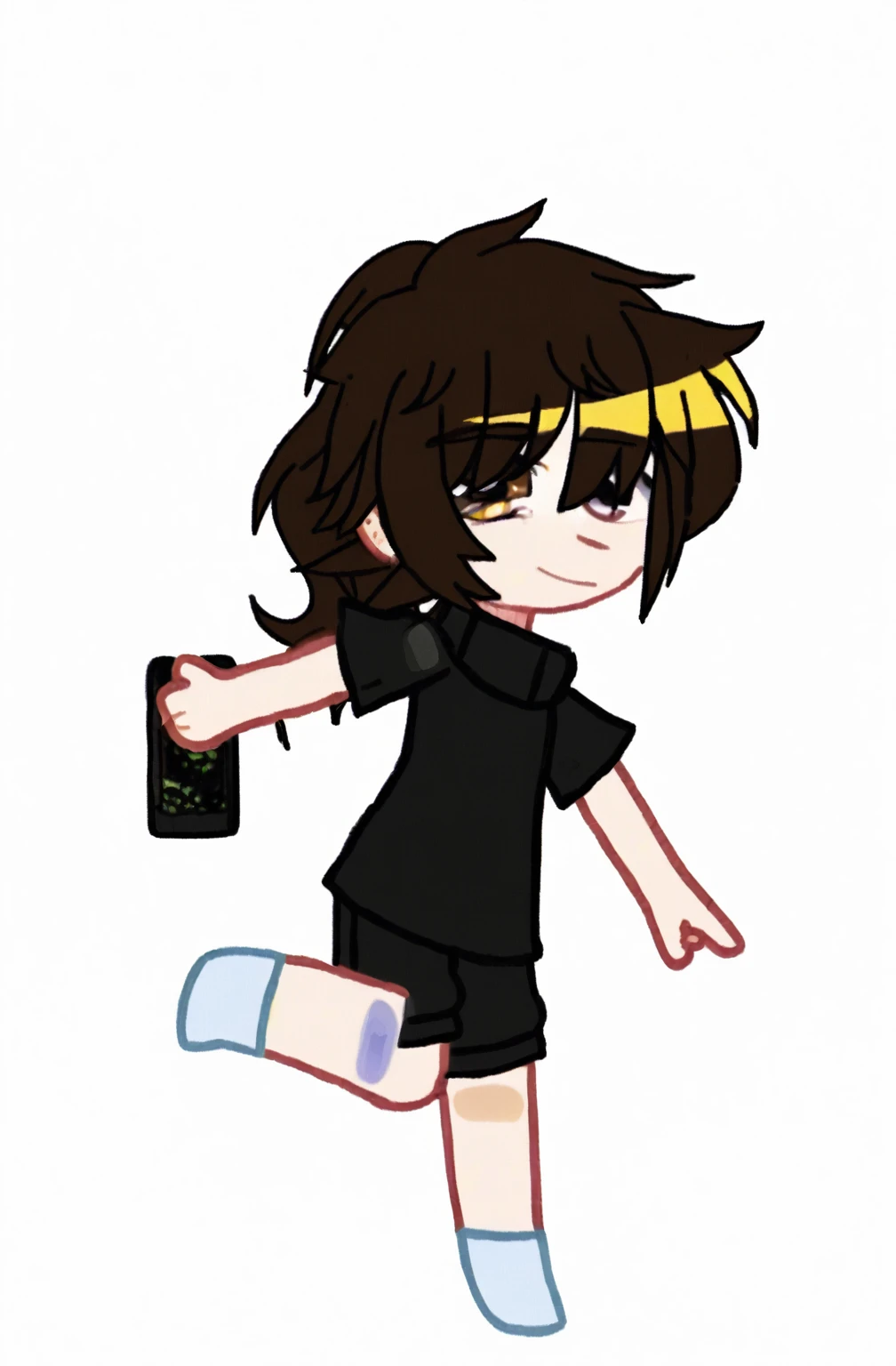 Brown hair tucked into a ponytail, brown eyes, blank look, fair skin, black T-shirt and bike shortsgacha, full body