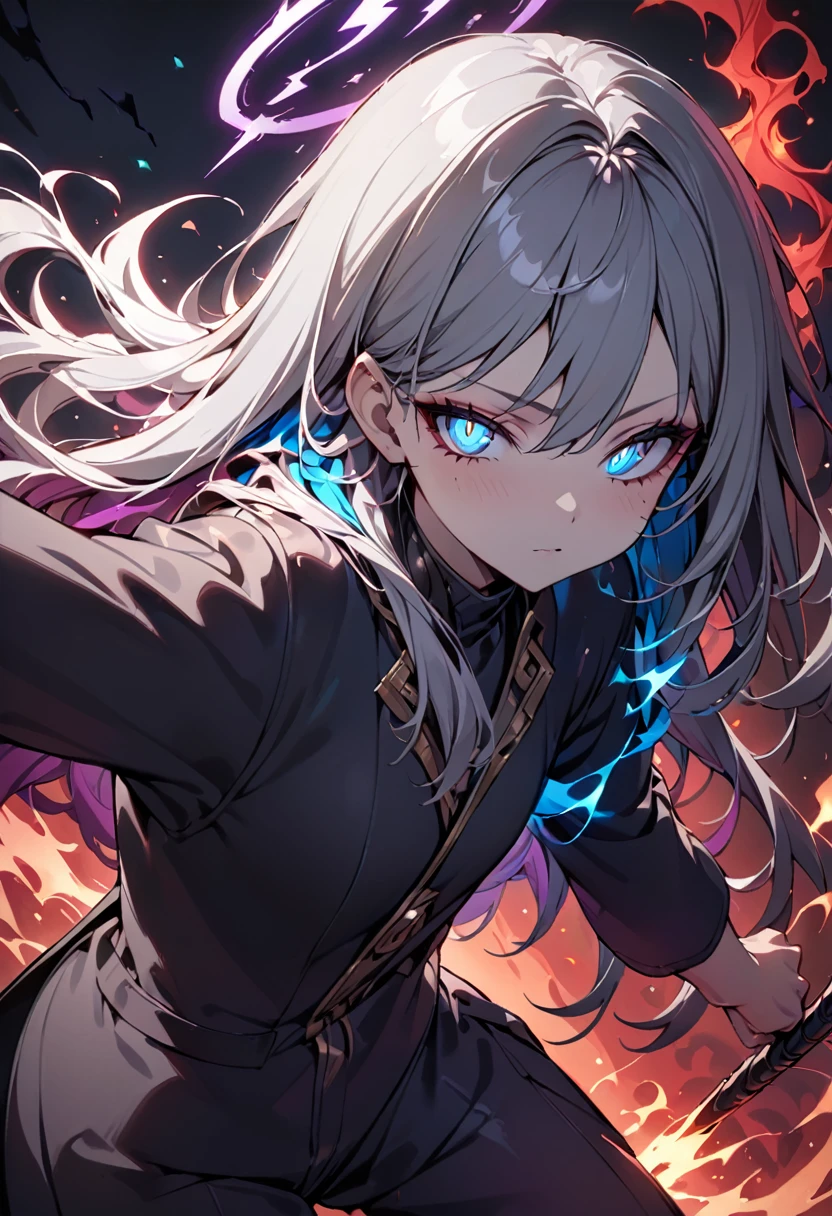 elementary, Shadow Surrounding Girl, lightning, Green Aura, Red aura, Purple aura, Flames surrounding the girl, masterpiece, Dark Theme, Highest quality, Maximum details, Very fine eye, Professional coloring, cinematic lightning, Remaining, Written boundary depth, Backlight, One Girl, Young girl, Silver Hair, Long Hair, Black glowing halo, Shining blue sea, Blue Flame, Fantasy style costumes, Black long coat, shirt, Black trousers, Swinging a thin black long sword, Expressionless, Purple left eye and blue right eye, Odd Eye, Glowing Eyes