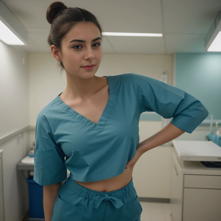 A Realistic Portrait, of a italian teenager girl, working as surgical nurse, 18 years old , , Beautiful, detailed face, detailed eyes, (realistic skin:1.3), (pale skin:1.1), (textured skin:1.3), (()), big smile, (iphone photograph), ), (artificial lighting:1.3), looking at the camera, perfect slim body, amateur Photography, Photorealistic, Detailed, analog, poor quality, grainy, , wide angle, showing full body and legs ,standing in medical change room, s short hair tied up as hair bun / Chignon , wearing ultra-soft tight dark teal surgical scrubs, scrub trousers and scrub top, maximum-dark green surgical scrubs, working in operation room, non-nude, showing full body and legs, leo