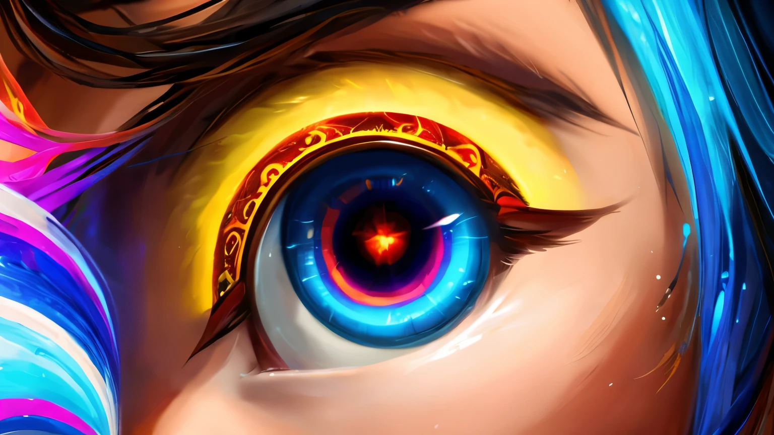 Close-up digital painting of a human eye reflecting a cat's eye, with swirling, colorful energy patterns connecting the two, symbolizing deep understanding