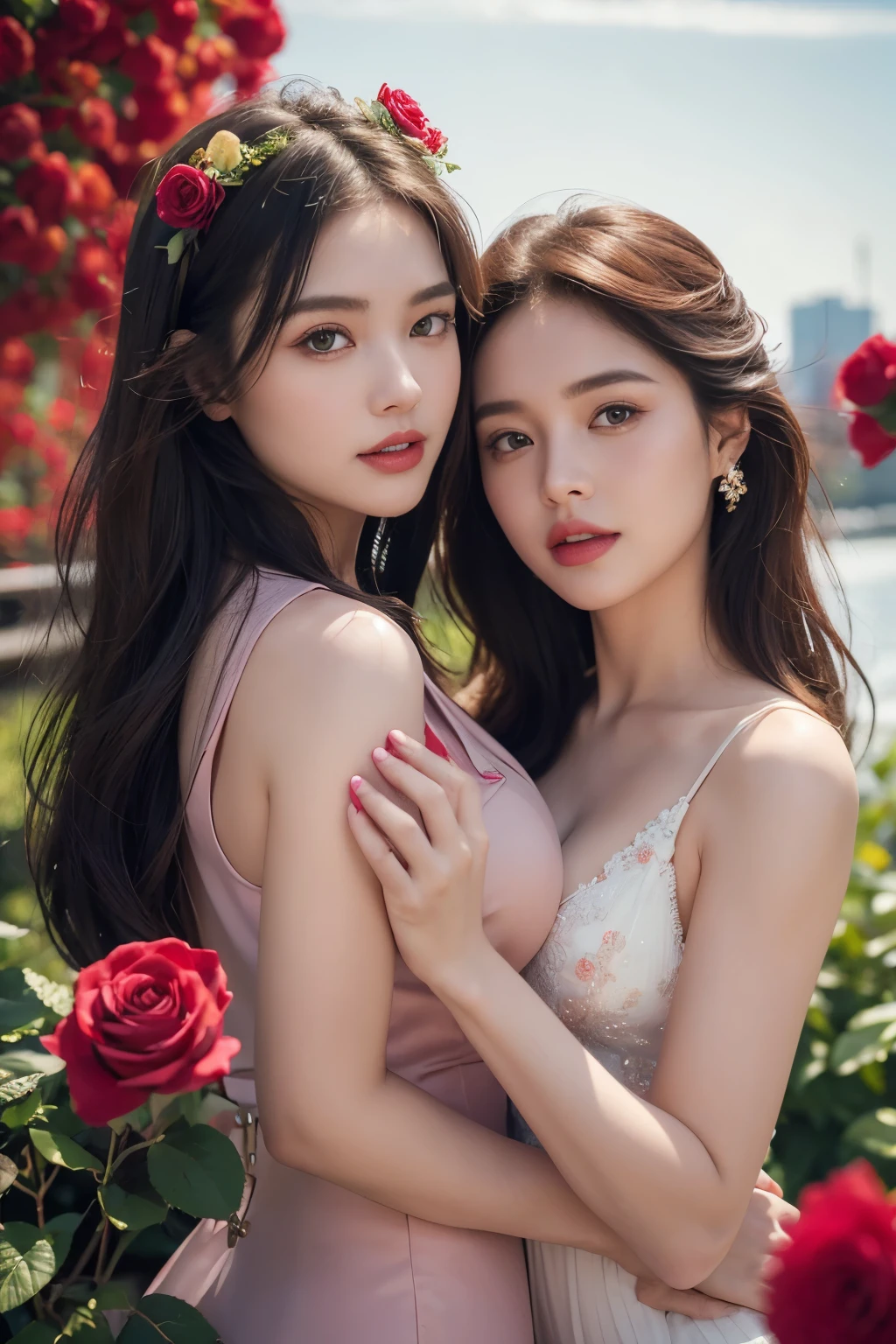 masterpiece, hyperdetailed face, realistic teeth and superdetailed big eyes, two woman holding a rose in her hand standing ferry in Saigon river background with clean air and pure river water see bottom, gorgeous two beauty woman smile actractive and pink mini rose in hair, beautiful retro art, holding red and green roses, vintage noir, artstyle tom bagshaw, gorgeous art, by Mark Brooks, red and golden and magenta roses, beautiful artwork, by Glen Angus, UHD, 48K
