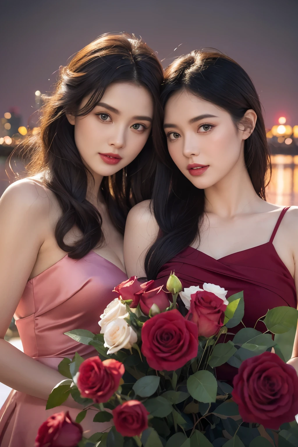 masterpiece, hyperdetailed face, realistic teeth and superdetailed big eyes, two woman holding a rose in her hand standing ferry in Saigon river background with clean air and pure river water see bottom, gorgeous two beauty woman smile actractive and pink mini rose in hair, beautiful retro art, holding red and green roses, vintage noir, artstyle tom bagshaw, gorgeous art, by Mark Brooks, red and golden and magenta roses, beautiful artwork, by Glen Angus, UHD, 48K