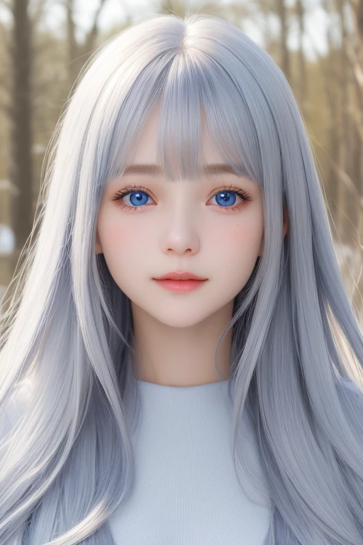 Bright expression、photography realism、best quality、Ultra-high resolution、picture、Very beautiful Nordic girl photos、Lovely and beautiful facial details、Beautiful Bangs、Alice in Wonderland、20 years old、Fair and shiny skin、露出脸部的Bangs、Bangs 、Hair between the eyes、Extra long hair、Charming Bright Natural Silver Extra Long Straight Fine Hair、Make hair smoother、Bright light blue big eyes are bright, beautiful and charming、、Winter clothes、Eyeliner、Double eyelids、Large breasts